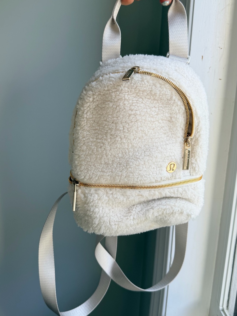 lululemon athletica Cream Sherpa Mini Backpack with Gold Hardware